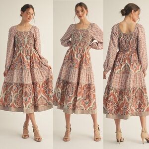 Rust red paisley floral tiered puff boho western smocked ruffle plaid maxi dress